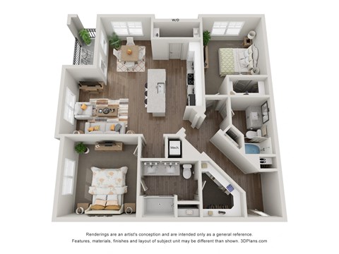 Floor plan for 2 beds, 2 baths, 1265 sqft